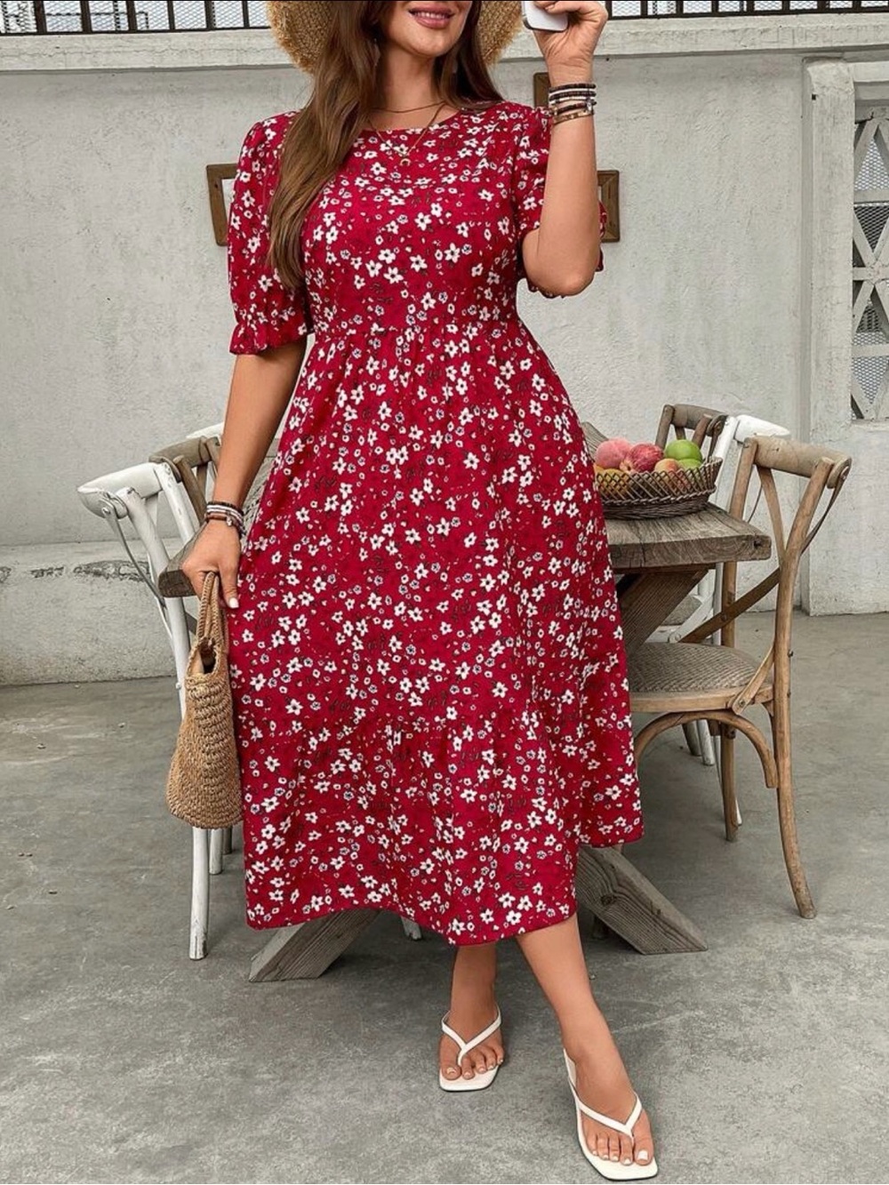 SHEIN VCAY Plus Size Casual Ditsy Floral Puff Sleeve Dress 1XL
